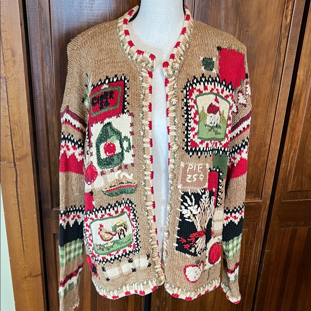 Festive Knit Cardigan Sweater - Red and Tan
